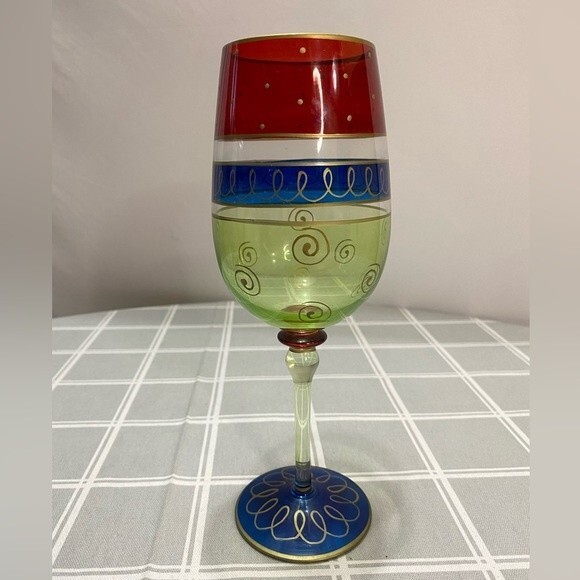Pier 1 Festive Handpainted Crystal Wine Glass Water Goblet Stemware Blown Glass - Picture 1 of 4